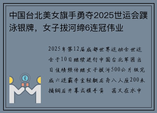 中国台北美女旗手勇夺2025世运会蹼泳银牌,女子拔河缔6连冠伟业 中国台北美女旗手勇夺2025世运会蹼泳银牌,女子拔河缔6连冠伟业